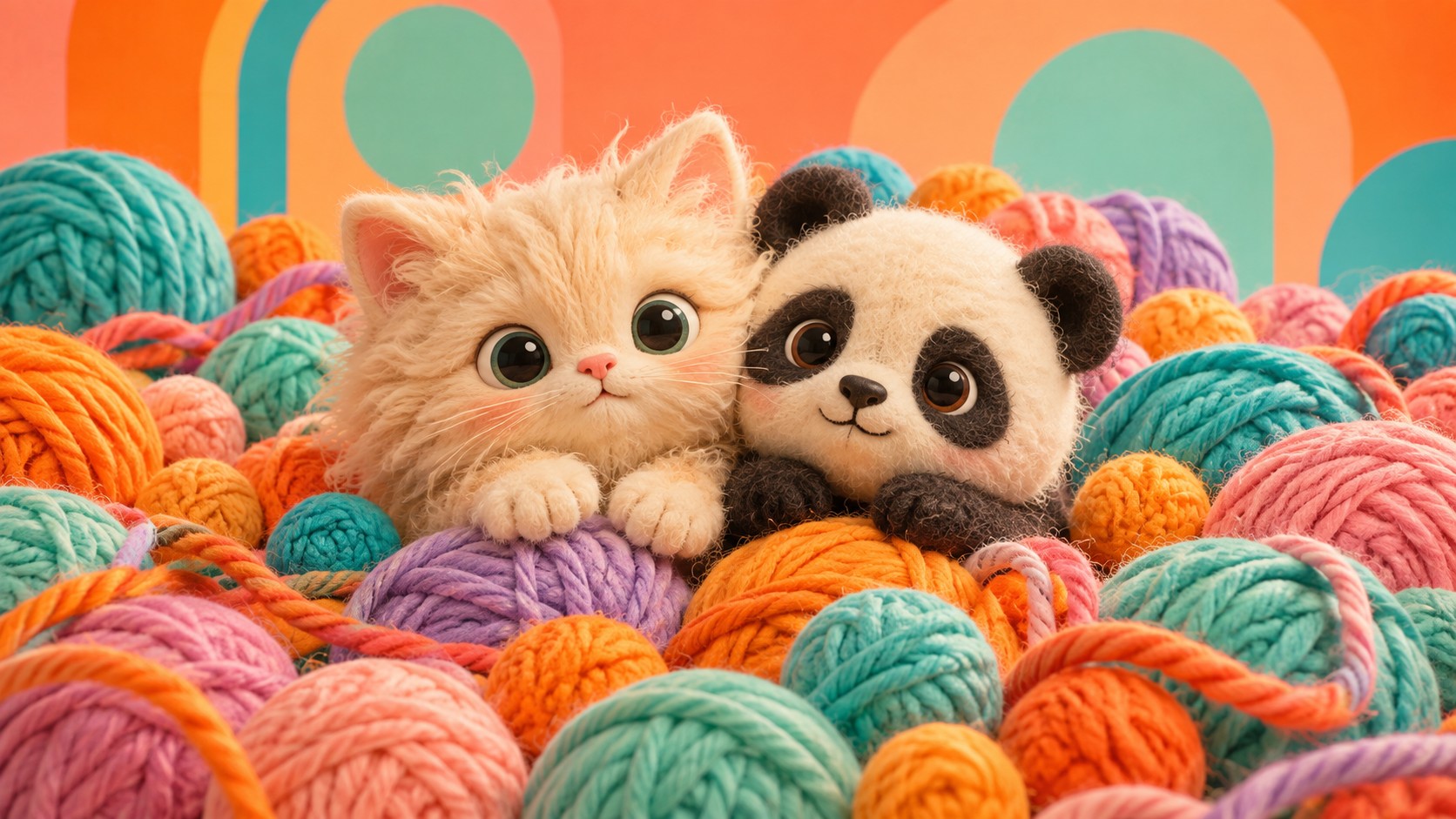 Kitten and panda surrounded by yarn