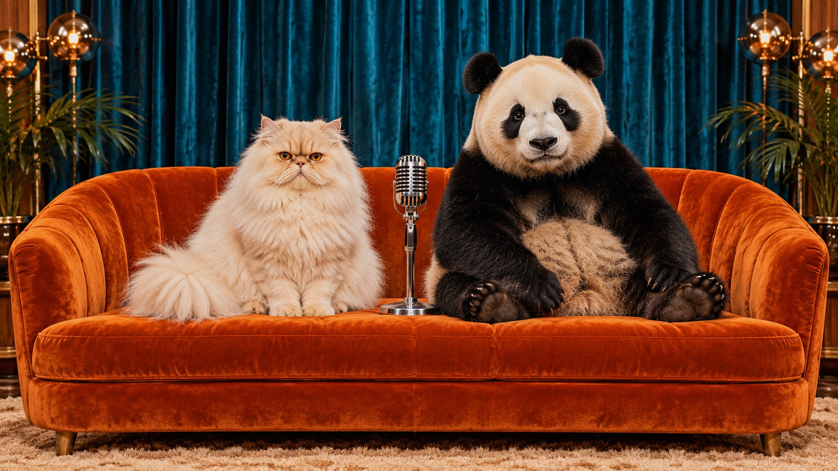 Cat and panda in their podcast studio